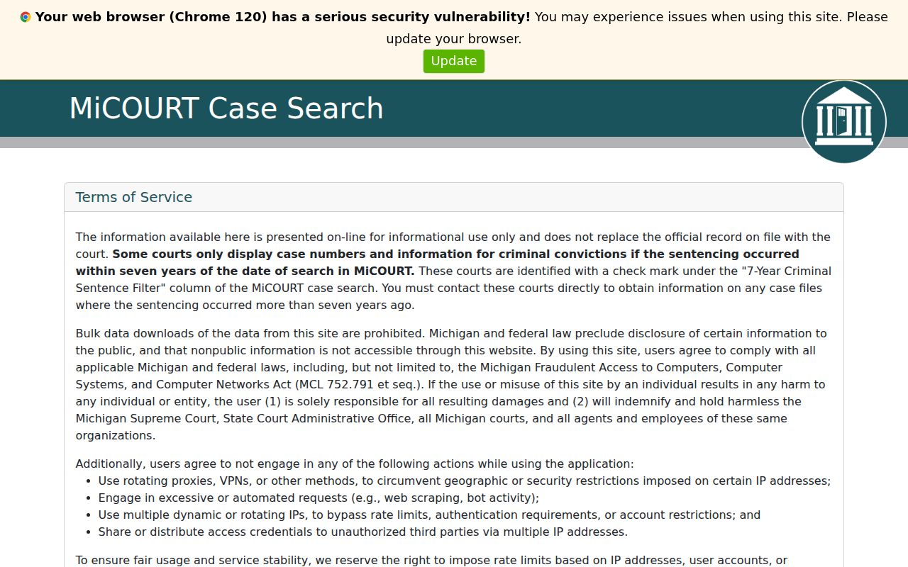 Oakland County case lookup MiCOURT name and case-number search interface