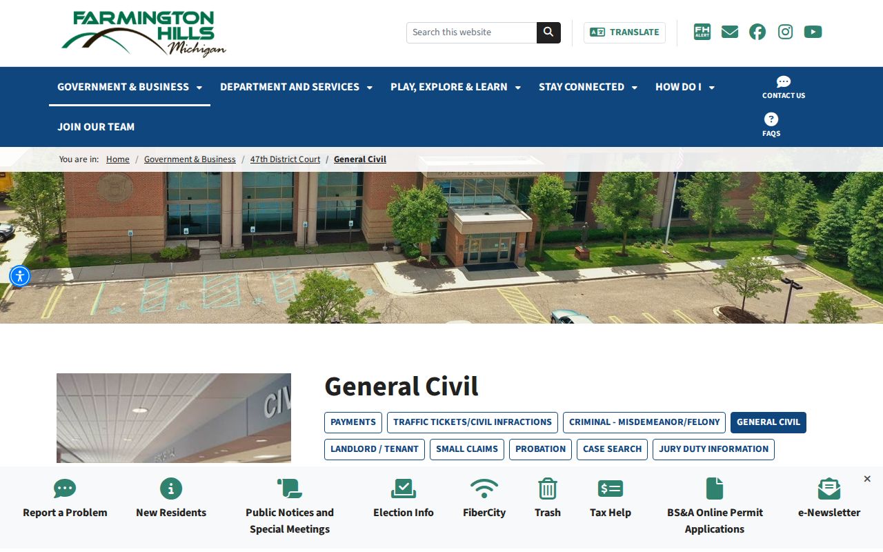 Oakland County civil docket 47th District Court civil fee information