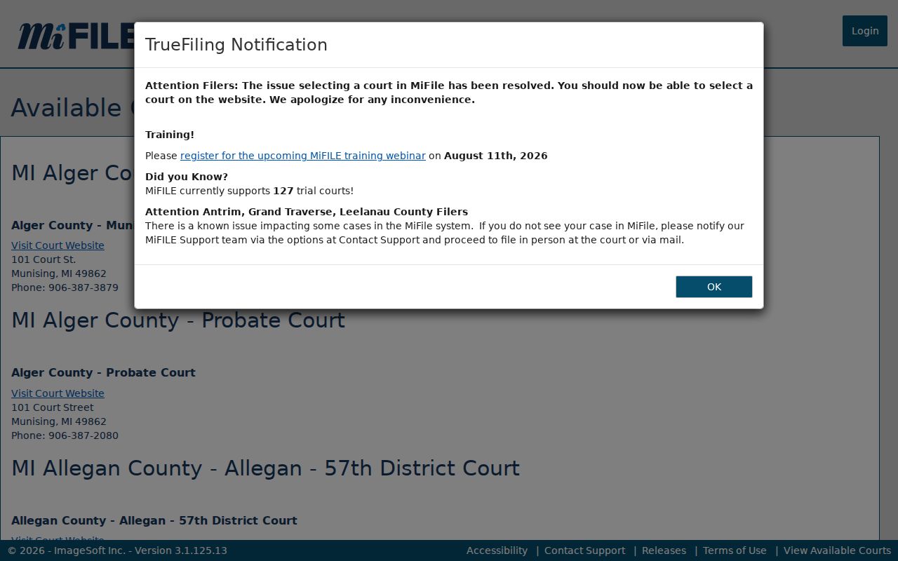 Oakland County civil docket MiFILE participating courts information