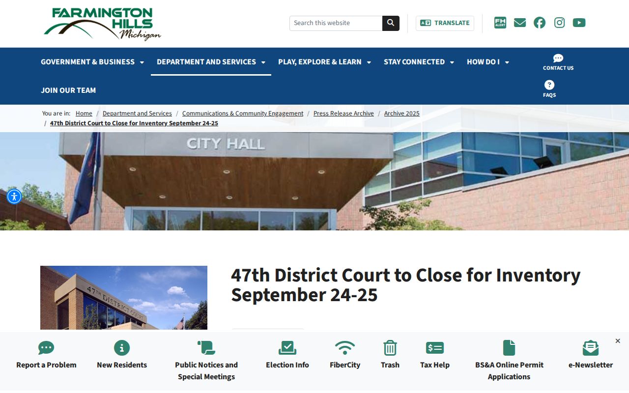 Oakland County court date 47th District Court records inventory closure notice