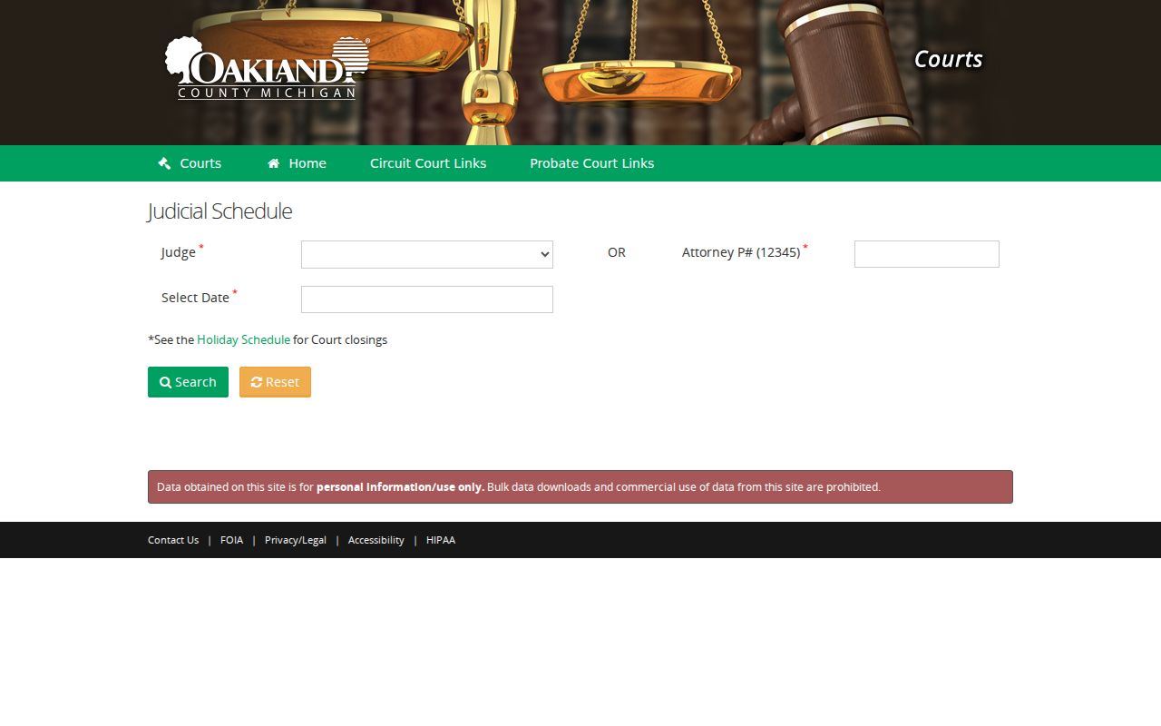 Oakland County court date Judicial Schedule Online judge attorney and date search form