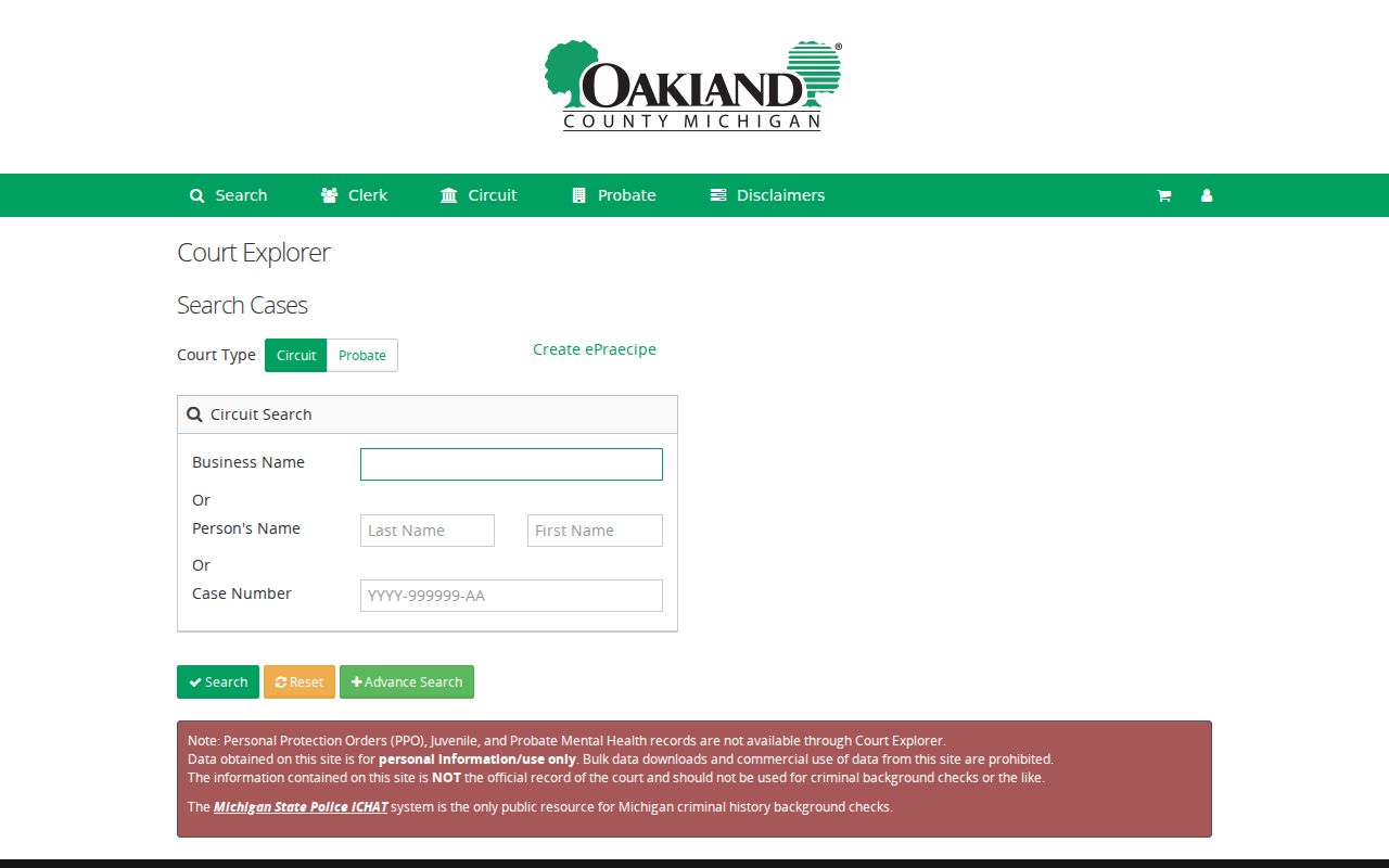 Oakland County criminal docket Court Explorer Circuit and Probate search fields