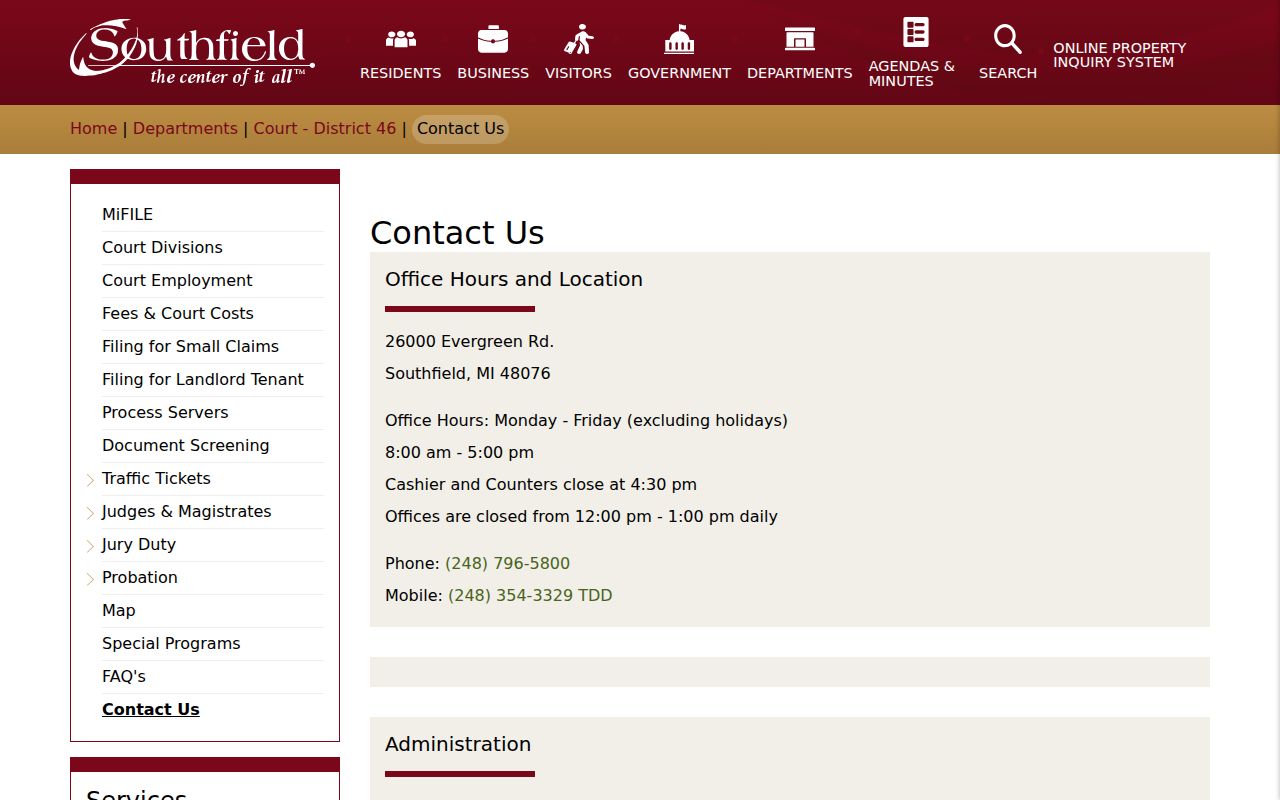 Southfield court docket clerk division contacts at 46th District Court