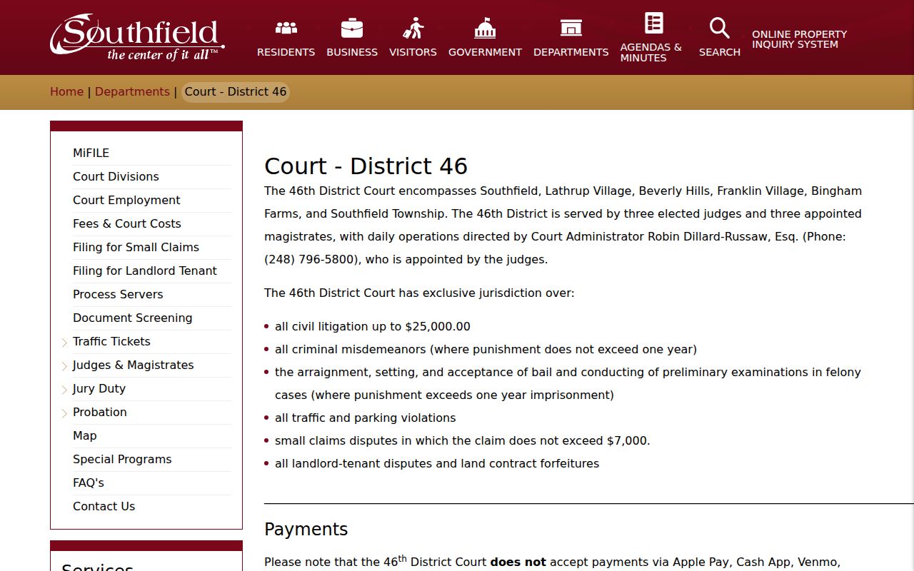 Southfield court docket public case search at 46th District Court