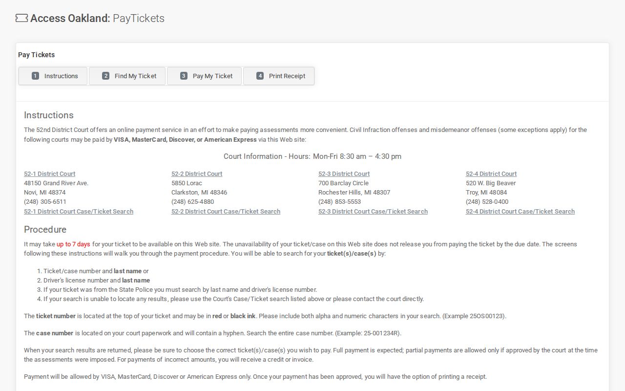 Oakland County traffic ticket PayTickets citation lookup and payment workflow